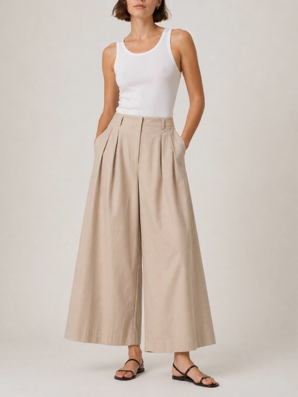 G. Label by Goop Pleated Wide Leg Cotton Pants Beige Size 6